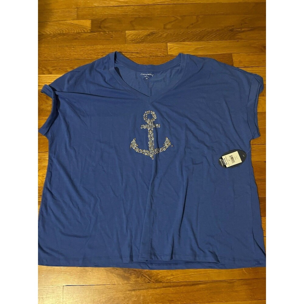 Casual + Ker Women’s Plus 3X Blue Knit Scoop Neck Studded Anchor T-Shirt